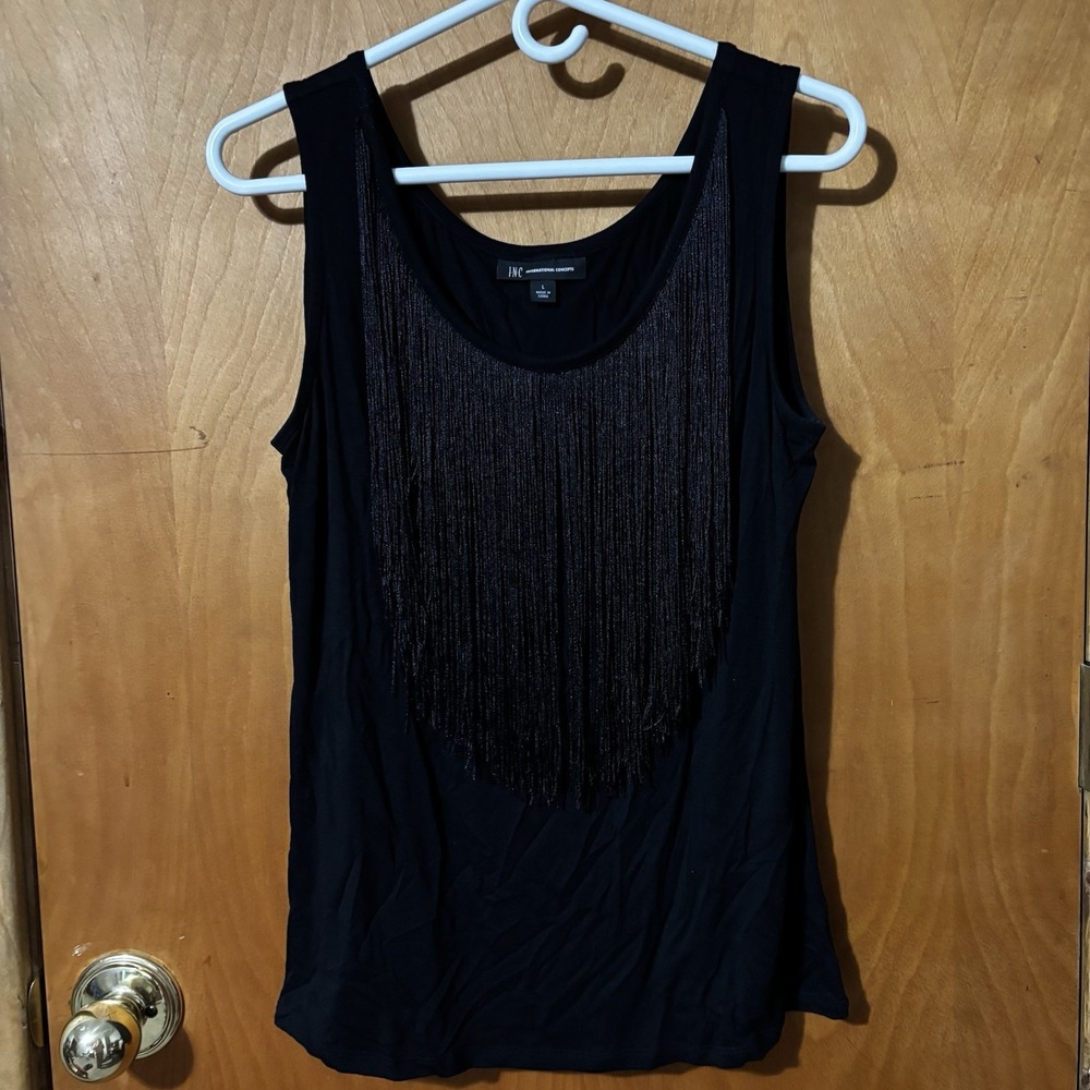 INC International Concepts Black Tank Top With Fringe Womans Size Large